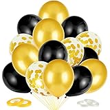 ✾ 60 Luftballons Schwarz Gold Set : 25 Schwarz Luftballons + 25 Gold Luftballons + 10 Gold Konfetti Luftballons + 4pcs Ballonband.