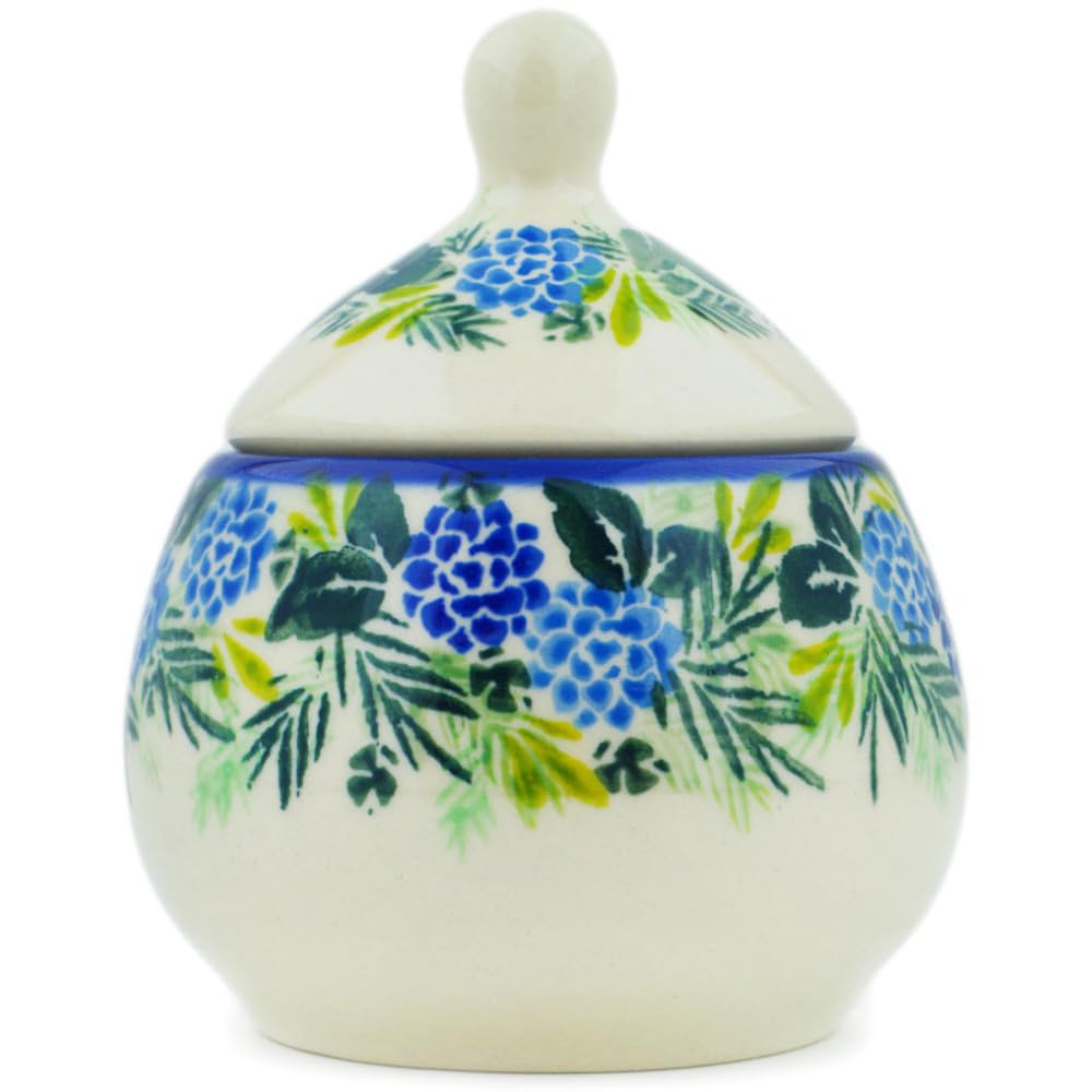 Authentic Polish Pottery Sugar Bowl 6 oz in Thistle Design Handmade in Boles?awiec Poland + Certificate of Authenticity