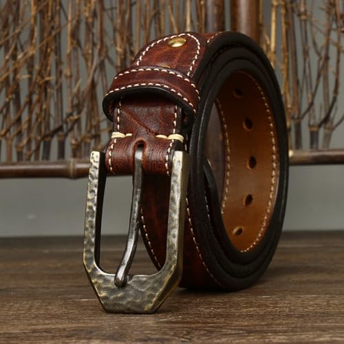 Distressed Leather Stitching Belt for Men Women- 5mm Thickened Washed Cowhide Strap, Vintage Solid Brass Embossed Buckle(115cm/45, Brown)2