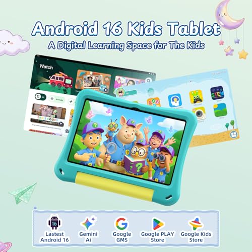 Image of Kids Tablet 10 inch, Android 16 Tablet for Kids, 20GB RAM, 32GB ROM, 1TB Expandable Storage, Parental Controls, 6000mAh Battery, Dual Camera, Wi-Fi 6, BT 5.4, EVA Case (Teal)