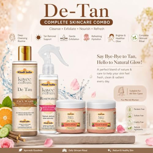 Image of Khadi Kayee Ayurveda Skin Brightening Detan Kit with Face Wash, Scrub, Face Pack & Rose Toner for Tan Removal, Oil Control and Daily Glow Care - Pack of 4
