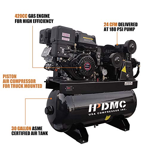 HPDMC 13HP Gas Powered Air Compressor, 3-Cylinder, 30 Gallon Horizontal Tank, Piston Pump Air Compressed System (180 PSI @ 24 CFM) - Thumbnail 4