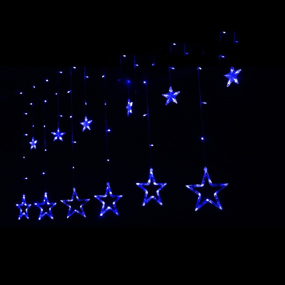 Cadena de luces LED para cortina, funciona con pilas, 2,5 m con 12 estrellas, 138 luces LED, 8 modos de luces de Navidad para árbol de Navidad, fiesta, boda, dormitorio, decoración de Navidad (azul)