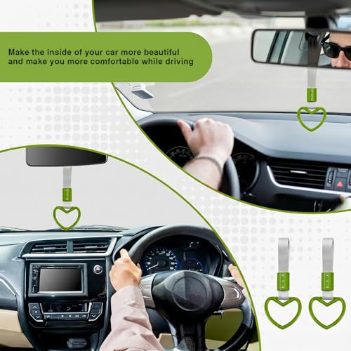 Image of 2PCS Heart Shaped Car Handle Straps, Rear Bumper Warning Keychain Ring for Car Exterior Accessories (Green-Silver)
