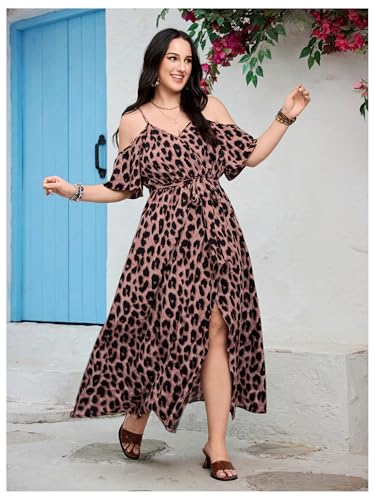 Image of OYOANGLE Women's Plus Size Summer Casual Bohemian Leopard Print Cold Shoulder Belted Wrap Split Long Maxi Dress