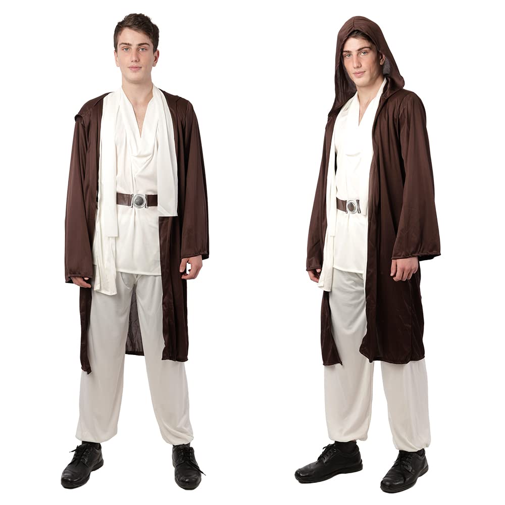 Disfraz de Jedi Medieval para Hombre, Camiseta Pantalones Blancos y Capa con Capucha de Marrón para Disfraz de Carnaval Halloween