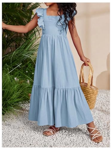 WDIRARA Toddler Girl's Square Neck Ruffle Sleeve Bow Knot Back Dress A Line Long Dress3