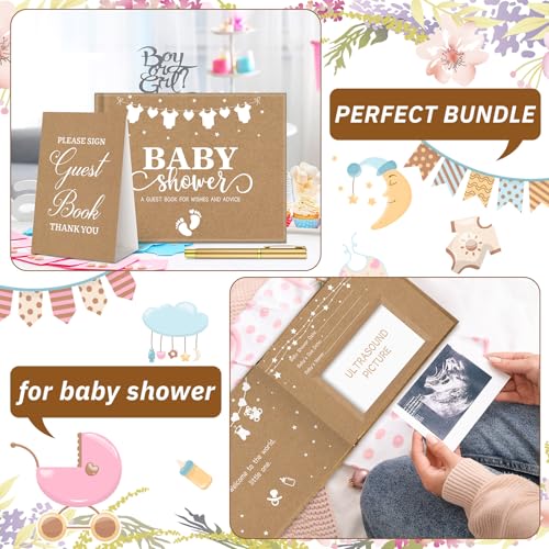 Image of Fuyoooo Kraft Paper Baby Shower Guest Book Baby Shower Sign in Guest Book Reception with Sonogram Page Keepsake Includes Gold Pen Table Card and Adhesive Photo Corner for Birthday