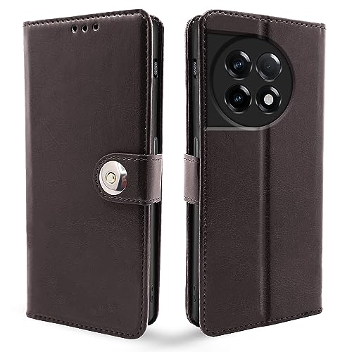 Image of Pikkme OnePlus 11R 5G Flip Cover Leather Finish | Inside TPU with Card Pockets | Wallet Stand and Shock Proof | Complete Protection Button Flip Case (Coffee)