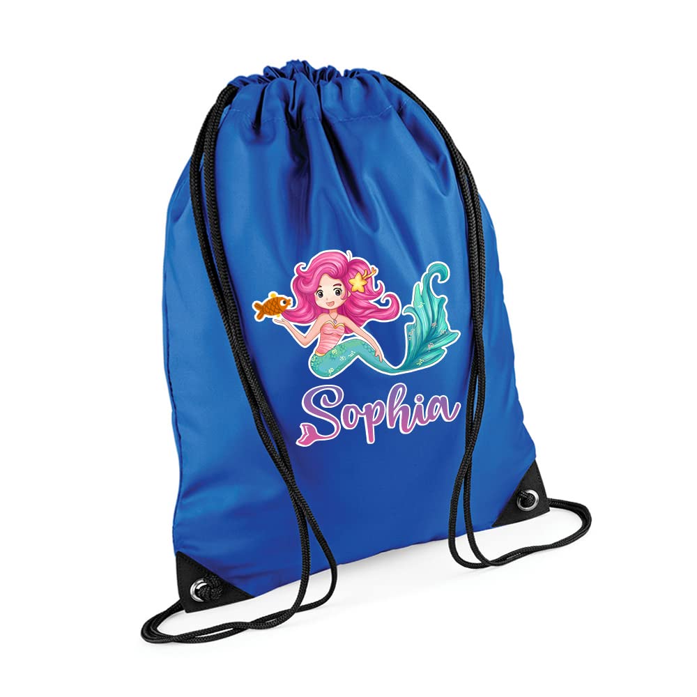 Mermaid Girl Gift Bag Personalised Backpack Mermaid Bag Gift for Kids-Girl Toddlers Birthday Girl Drawstring Bag, PE Gym Kit Swimming, Sport Rucksack. (Bright Royal)