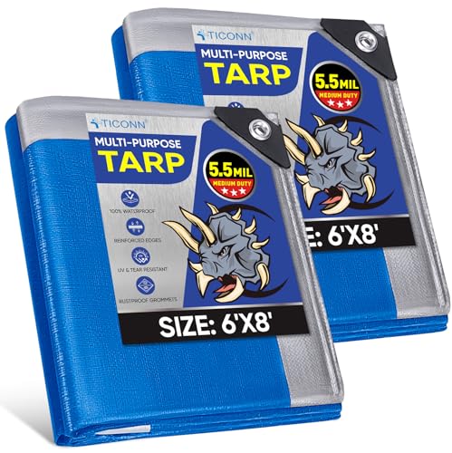 TICONN Heavy Duty Tarp Cover, Extra Thick Tarps Waterproof Tear and Rip Proof UV Resistant Tarpaulin with Reinforced Grommets and Edges (5.5 Mil/2PK, 6'x8')