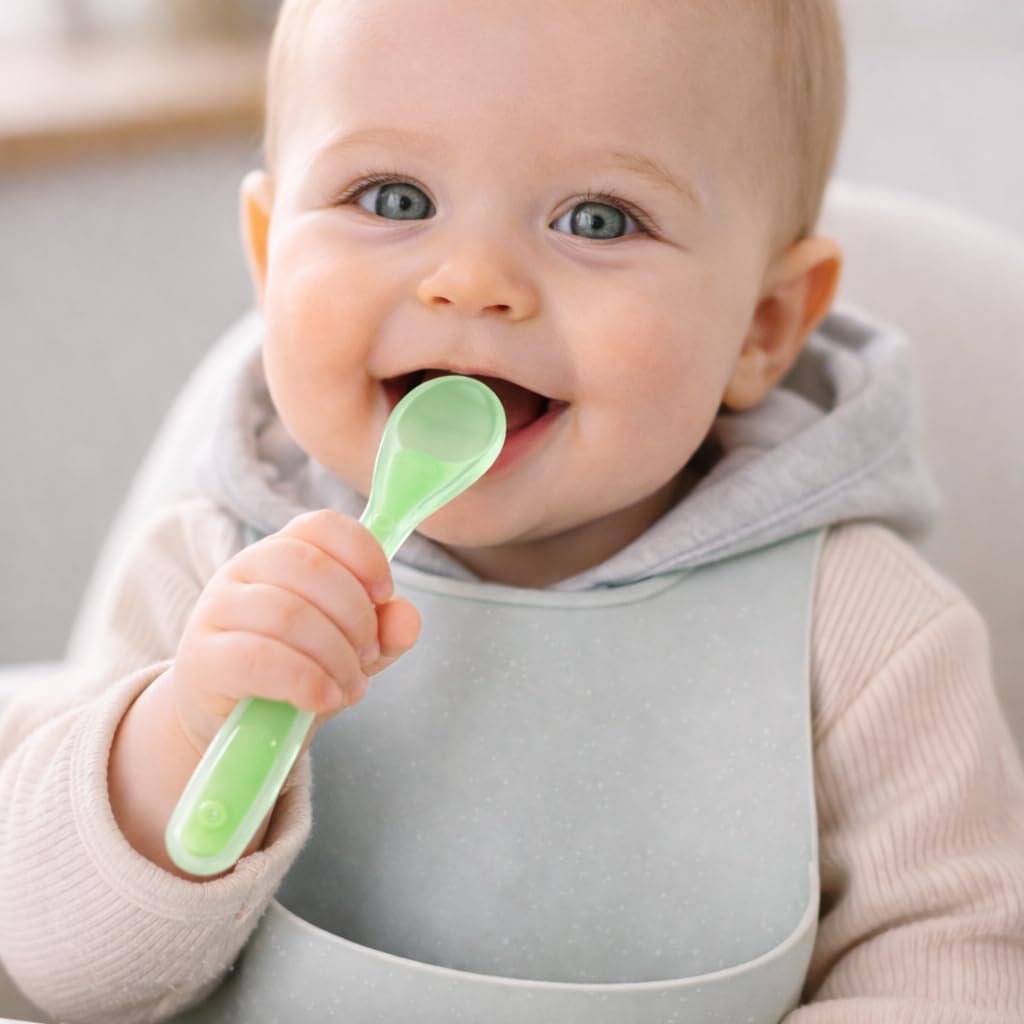 Cuillere Bebe 1er Age (4 Pièces) - Cuillère Bébé en Silicone - Cuillère Incurvée Souple Pour Les Repas de Bébé de Plus de 1 Mois - Qualité Garantie (4, Rose/Mauve/bleu/Vert)