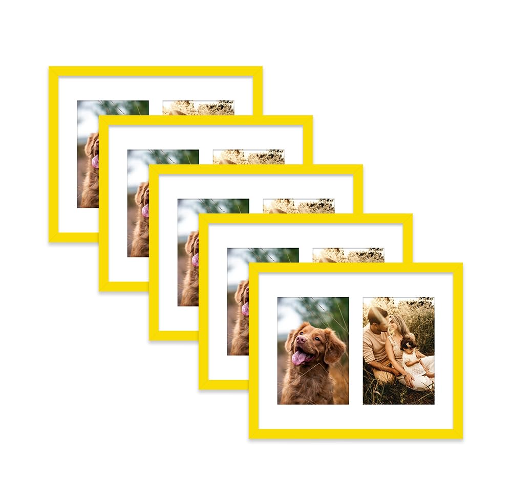 Yellow Multi Photo Frame - Holds 2 x 6x4 Pictures, Family Collage Picture Frame for Wall Display, 10x8 Frame size, Set of 5