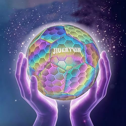 JIUERYUN Holographic Luminous Soccer Ball for Night Games & Training Football Ball Glowing in The Dark Light Up Reflective with Camera Flash Reflects Light Gifts (Size 5)