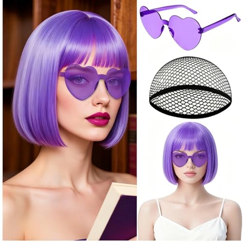 Image of MEEZY Light Purple Short Bob Wigs Straight Hair with Flat Bangs Heart Sunglasses for Women, Colorful Funny Cosplay Daily Party Neon Wig Synthetic Natural As Real Hair Carnival Halloween Costume