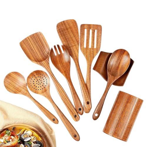 Giuneuow 9 Cucharas de Madera Natural para Cocinar, Utensilios de Madera para Cocinar con Soporte para Utensilios, Juego de Utensilios de Cocina de Madera de Teca