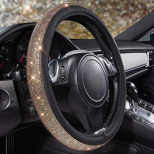 Image of CAR PASS Bling Champagne Diamond Steering Wheel Cover, Black Leather Universal Fit 14.5-15inch Glitter Rhinestones for Women Sparkle Crystal Girly Shining for SUV,Vans,Sedan,Car,Truck, Black Champagne
