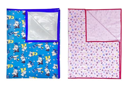 Image of EcoSoft Plastic Sheet,PVC Sheet for Kids,Rubber Sheet for Babies,Bed Wetting Protector(90 x 135 cm) (Blue Alphabet & Pink ABC123)