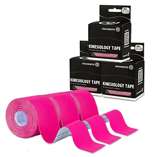 Rehband Kinesiology Tape for self-Application, Physio Sports Tape for Supporting Joints & Muscles, Waterproof, Skin-Friendly, Elastic, Colour:3 x Pink, Size:3 Rolls