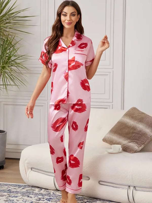 Image of Night Suit for Women with Full Sleeve Button-Down Top with Pant Dress for Woman,Night Dress for Woman, Two-Piece Loungewear Set