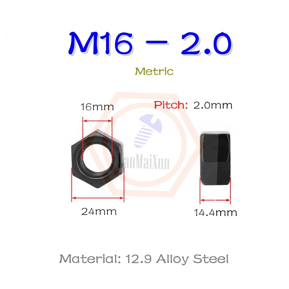 10pcs M16-2.0 12.9 Niveau Acier allié, Oxydation noire écrou hexagonal, écrou de blocage