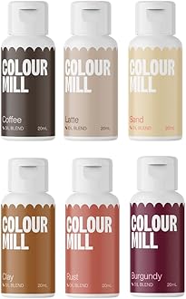 Colour Mill Oil Blend Set Outback Oil Based Food Colouring - Food Dye: Coffee, Latte, Sand, Clay, Rust, Burgundy - Food Coloring for Cake Decorating - Set-6
