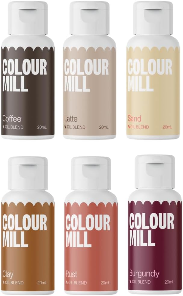 Colour Mill Oil Blend Set Outback Oil Based Food Colouring - Food Dye: Coffee, Latte, Sand, Clay, Rust, Burgundy - Food Coloring for Cake Decorating - Set-6