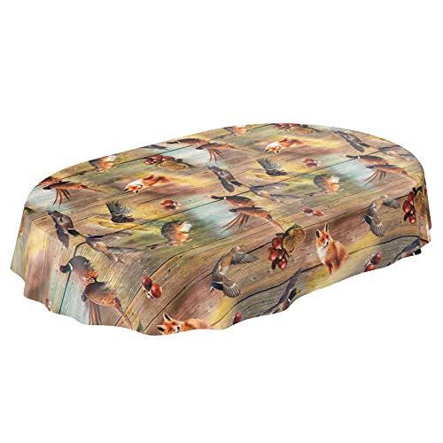 Anro - Mantel de hule lavable, para mesa, 95% PVC, 5% poliéster., Diseño de caza de madera., Oval 140 x 240cm Schnittkante