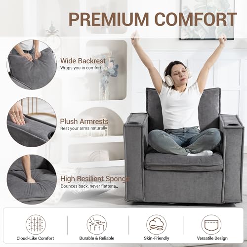 Image of 32 inch Wide Swivel Accent Chair with Cup Holders, Grey | Comfy Armchair, Side Pockets, Modern Chenille Sofa Couch, Living Room, Bedroom, Corner