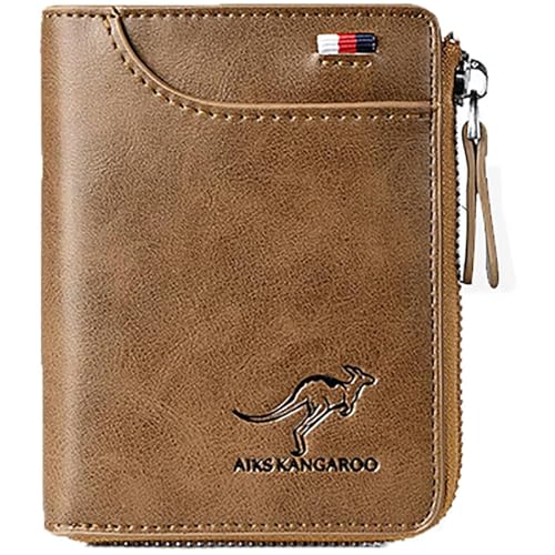 Men Wallet Zipper Genuine Leather Purs, Aiks Kangaroo Wallets, PU Stylish Soft Simple Design RFID Protected Wallet (Retro Brown)