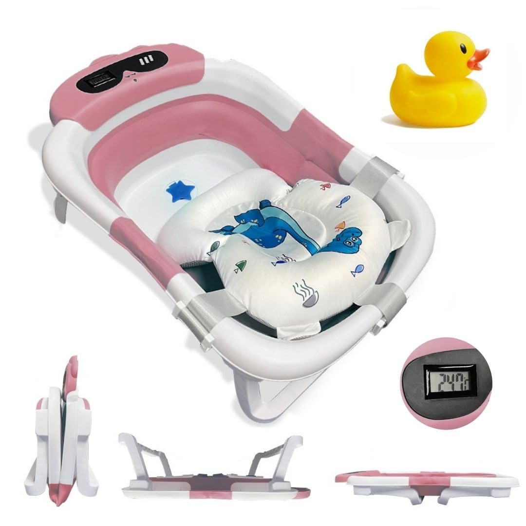 BAÑERA PLEGABLE BEBÉ 5 EN 1 Termómetro + Cojín Protector + Patas Antideslizantes + Tapón de Seguridad | Bebé Recién Nacido | Diseño Plegable en 2 | Fácil de Guardar y Transportar (Azul) — view 7