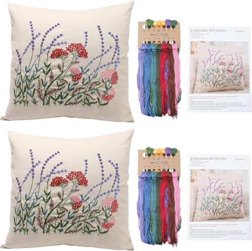 Marsrut 2 Set of Embroidery Pillow Kit Including Pillowcase Cover Cushion Case with Large Drawings and Zipper Threads Needles & Instruction Kits for Lace Crewel Craft No Pillow Core (Red Flower)