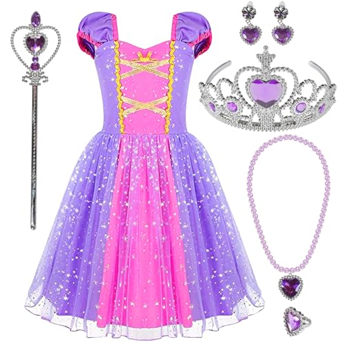 Funmo Disfraz Rapunzel Niña, Disfraz Princesa de Dibujos Animados con Corona, Collares y anillos, Accesorios Vestido Rapunzel para Fiesta Cosplay, Navidad, Carnaval