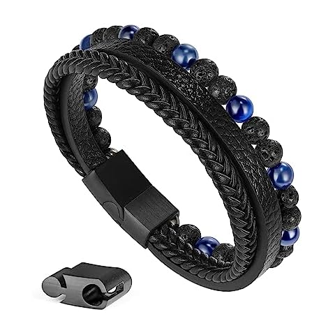 Ailetop Leather Bracelet for Men - Beaded Bracelet for Men Leather Bracelet Beads Bracelets for Men Lava Rock Bracelets for Men Blue Tiger Eye Bead Bracelets for Mens Valentines Gifts for Boyfriend Cover