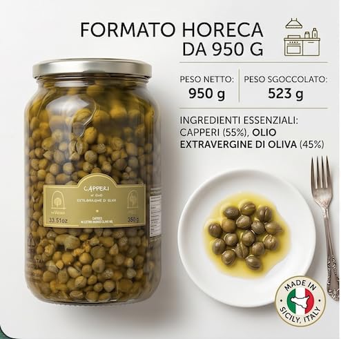 Kapern aus Pantelleria in nativem Olivenöl extra 950 g, Abtropfgewicht 523 g – Sizilianische Gourmet-Konserve – Ideal für Fisch, Salate, Saucen, Vorspeisen und mediterrane Küche – 4 Stück