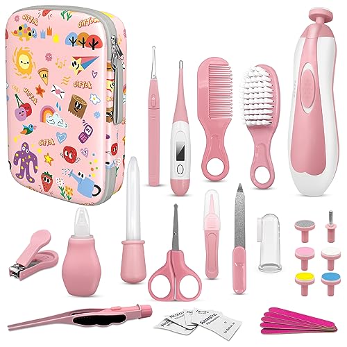 Image of JIFTOK Baby Healthcare and Grooming Kit, 30 in 1 Baby Electric Nail Trimmer Set, Newborn Nursery Care Kit, Baby Essentials Set with Hair Brush Comb, Nail Clippers for Infant Toddlers Boys Girls (Pink)