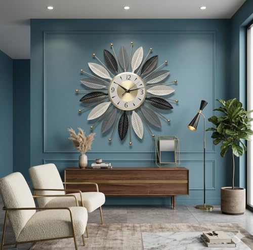 Image of FUNTEREST Luxury Metal Wall Clock for Living Room | Decorative Sunburst Leaf Design Wall Clock | Silent Quartz Movement | Modern Home & Office Decor (55X55 Cm) (Gold, Grey & Brown)
