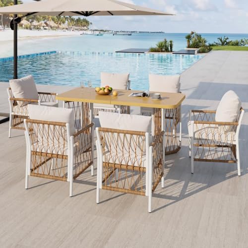 KOMHTOM Salon de Jardin 7 Pièces, Ensemble Repas Extérieur avec 1 Table Effet Bois et 6 Chaises, Accoudoirs en Rotin, Structure en Métal Blanc, Coussins...