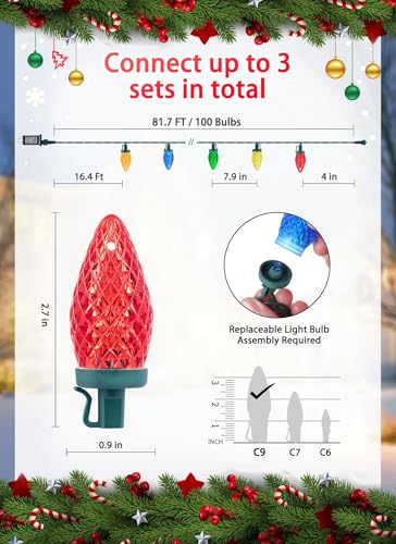 Minetom C9 LED Christmas Lights Outdoor, 81 Feet 100 LED String Light with Timer & 8 Lighting Mode, Waterproof Commercial Grade Christmas Tree Lights for Outside Indoor Roofline Patio, Multicolor - Image 5