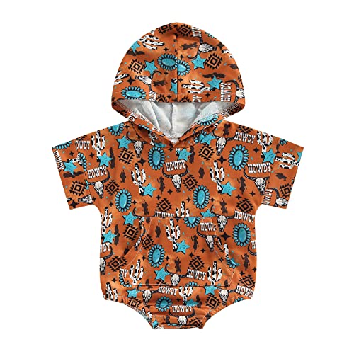 Image of Karuedoo Western Baby Boy Girl Clothes Cow Print Hoodie Sweatshirt Romper Oversized Color Block Long Sleeve Onesie Outfit (E Dark Orange, 3-6 Months)
