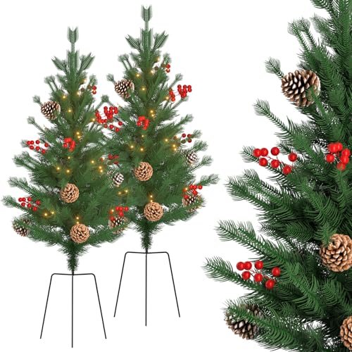ACXIN 2er Set 76cm Weihnachtsbaum Klein mit Erdstecker & LED Lichter Künstlicher Weihnachtsbaum aus PE mit 10 Tannenzapfen, 10 Bündel Rote Früchte, Christbaum Tannenbaum für Außen Weihnachtsdeko