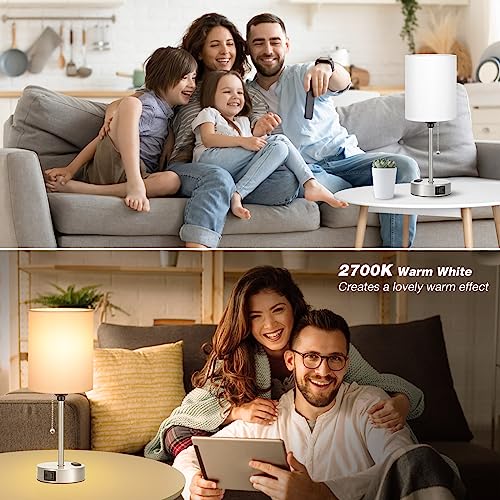 Image of White Bedside Lamp for Bedroom - 3 Color Temperatures Desk Lamp with USB C and A Ports, Pull Chain Table Lamp with AC Outlet, Nightstand Lamp with Silver Metal Base for Kids Girls