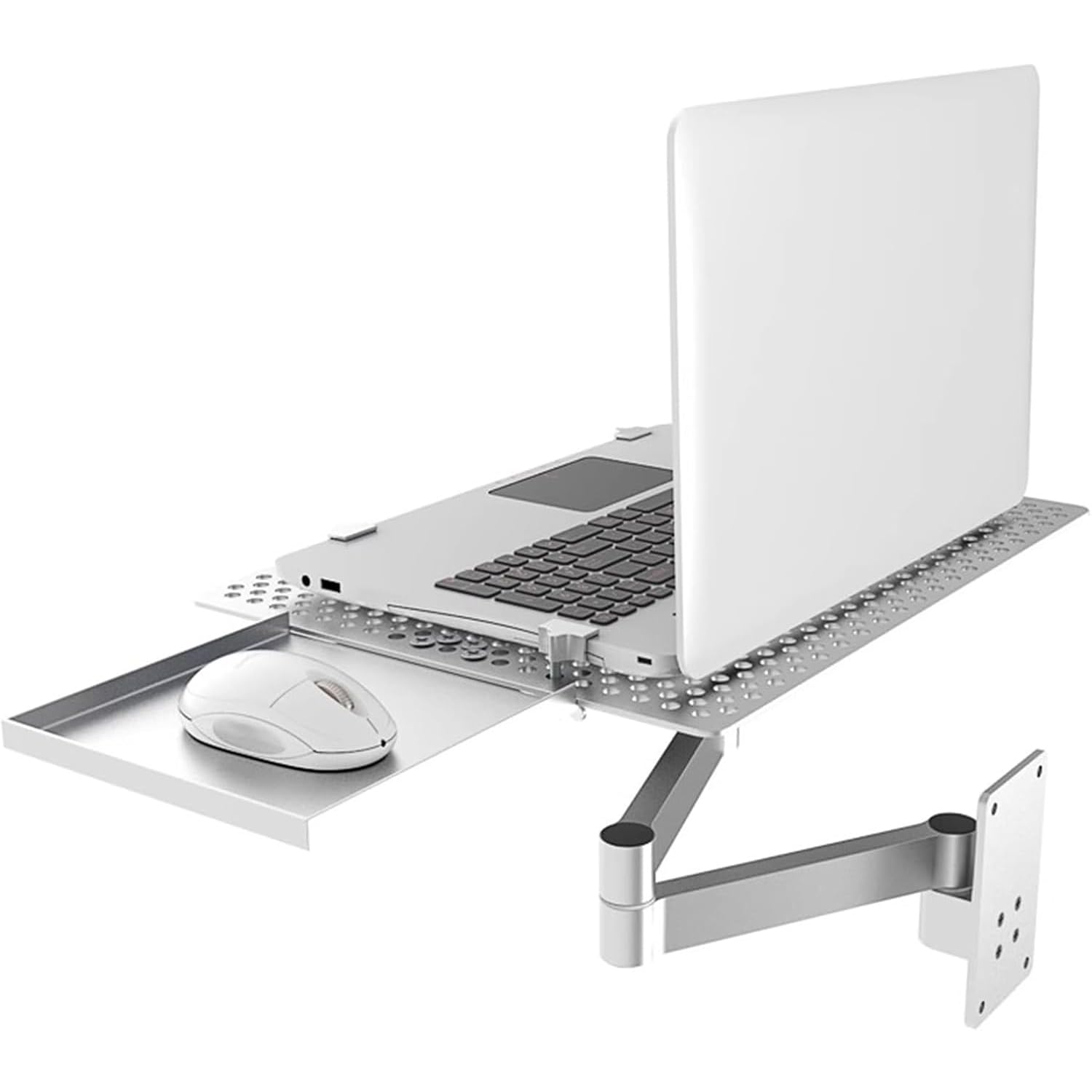 Supporto da parete pieghevole per laptop con supporto regolabile e vassoio per mouse, piattaforma di raffreddamento per uso in ufficio e postazione di lavoro