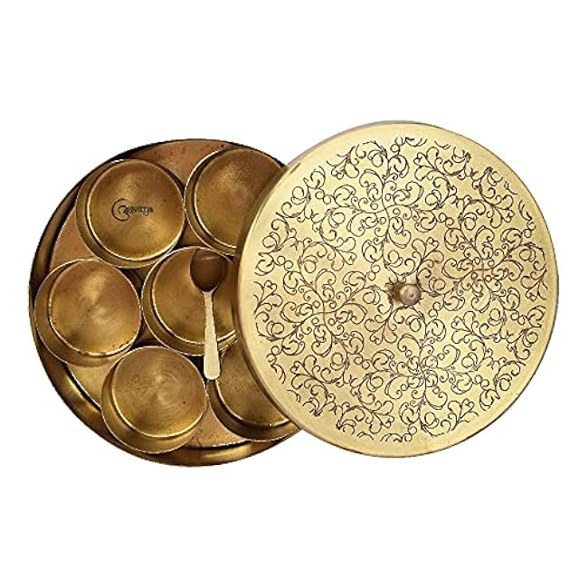 The Advitya Handcrafted Brass Spice Box with Embossed Lid|Seasoning Container |7 Compartments|1 Spoon|8 inch Golden Masala Box for Kitchen Storage|Indian Spice Organizer| Container for Spices