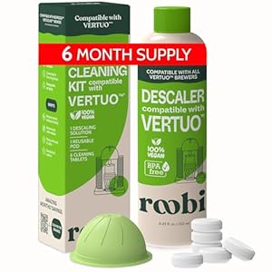 Nespresso Compatible Vertuo Cleaning & Descaling Kit. Includes 1 Bottle of Descaling Solution, 6 Cleaning Tablets and 1 Reusable Pod. Carbon Neutral Vertuoline Maintenance Kit. 6 Month Supply.