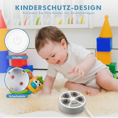 Realmade 4-Fach Steckdosenleiste mit 2 USB-A, 3m Kabel, Überspannungsschutz für Zuhause, Büro und Familie 3680W 16A Weiß – Ansicht 5