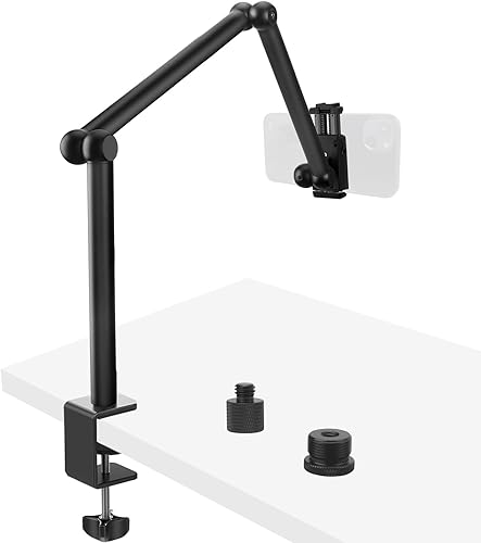 HEMMOTOP Magic Arm Soporte de escritorio/abrazadera, brazo de cámara ajustable de 28 pulgadas para iPad, soporte de iPhone superior, para micrófono