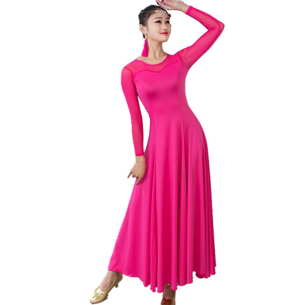 YC WELL Women Modern Waltz Tango Smooth Ballroom Dance Dress Standard Ballroom Dress(Rose,XL)