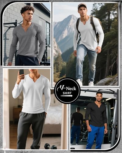 Riyiper 3 Pack Men's Long Sleeve T Shirts, V Neck Longline Henley Cotton Shirts Casual Muscle Tee Stretch Athletic Tops3