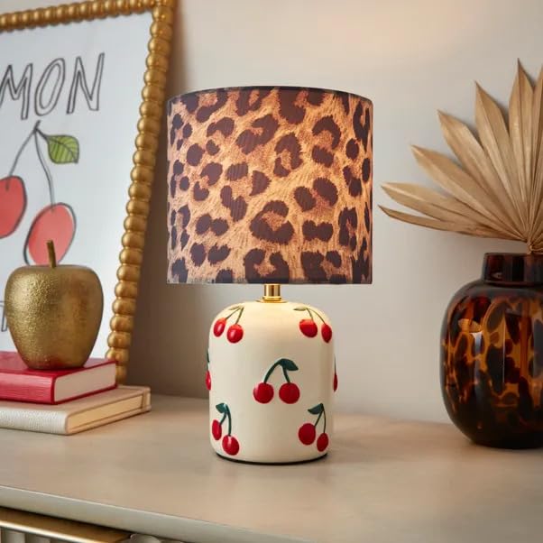 New Stunning and Stylish Cherry Design Ceramic Base Table Lamp with Bold Leopard Print Shade and Practical in-Line Switch for a Unique Home Accent Any Room Decor-M21